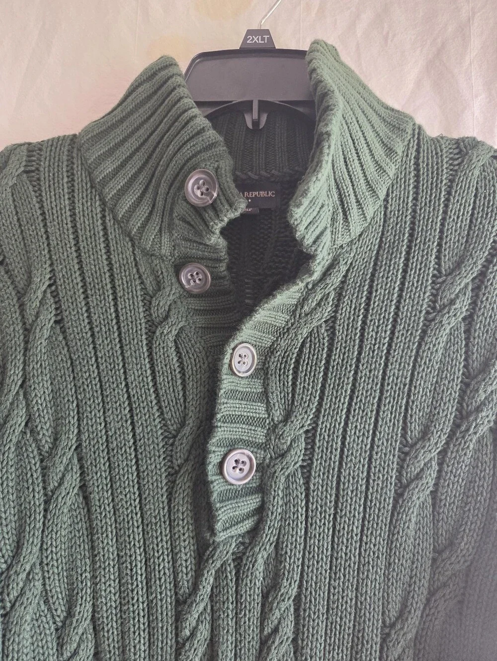 Banana Republic Sweater Mens Large Green Cable Knit Mockneck Pullover Cotton
